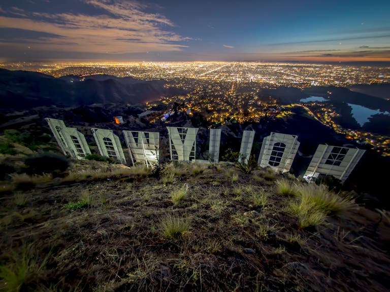 View from behind the Hollywood Sign at night